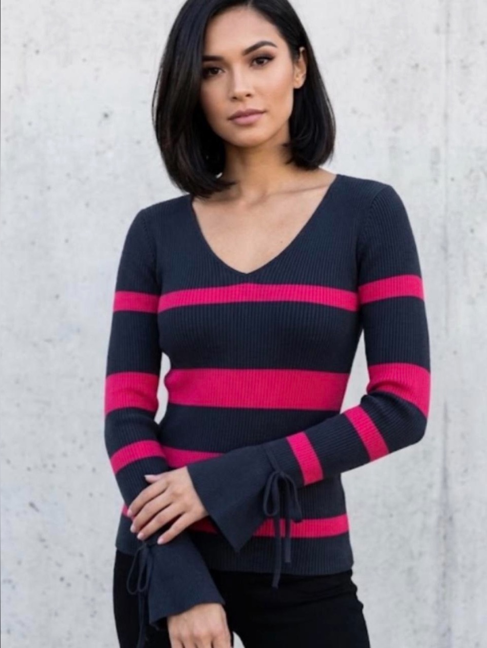 V-Neck Ribbed Stripe Sweater